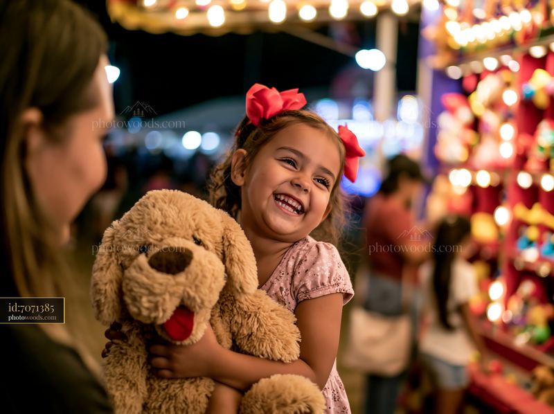 Child winning stuffed animal at fair booth with smiling parent