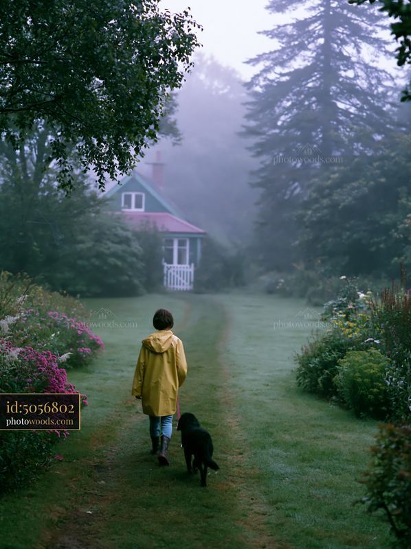 Misty countryside around cottage with child and dog walking