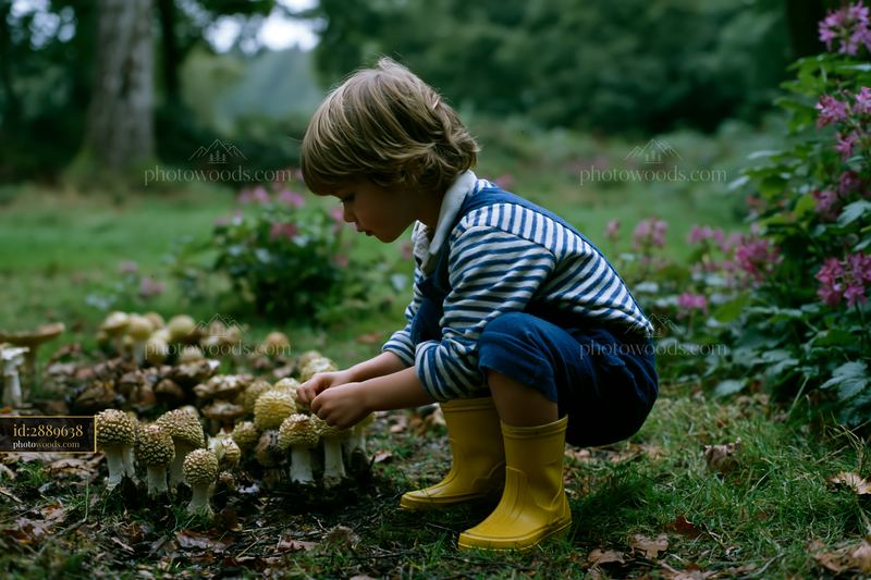 Child picking mushrooms in a shaded meadow in woodland clearing