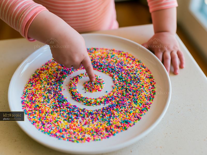 Rainbow sprinkles arranged in a swirl on a plate