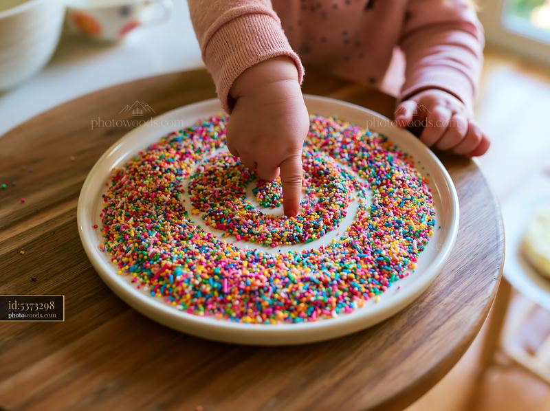 Child's hand creating a swirl with rainbow sprinkles