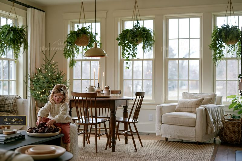 Cozy living room decorated for Christmas with natural greenery