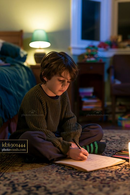 Child writing a wish list in a cozy bedroom