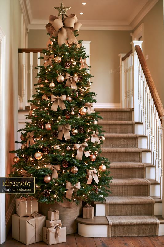 Christmas tree decorated with burlap and ornaments near staircase