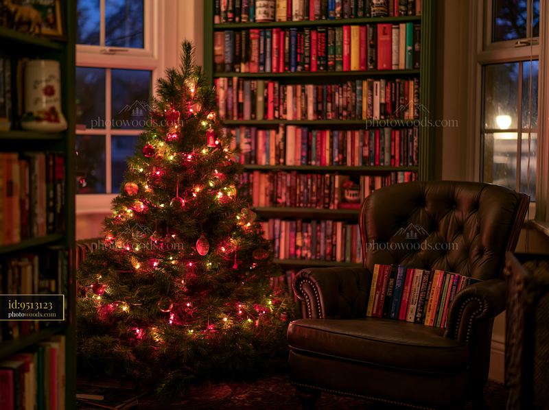 Cozy living room with a Christmas tree under ceiling lights