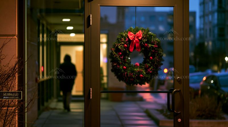 Christmas wreath hangs on apartment door at evening time