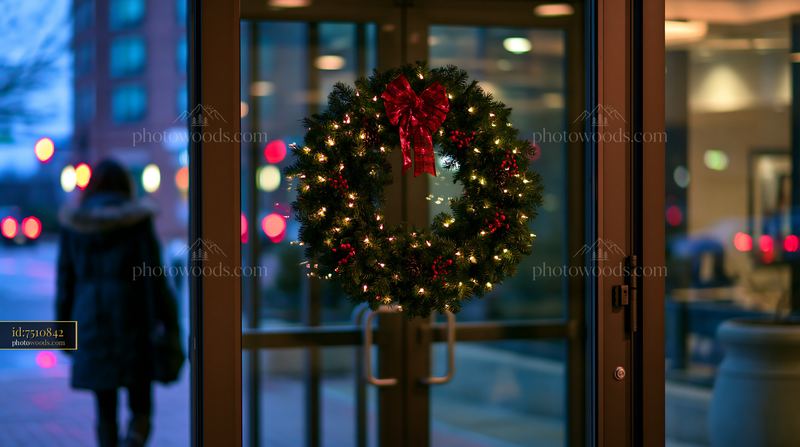 Christmas wreath on apartment door with festive lights
