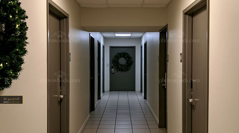 Christmas wreath on door in an apartment hallway