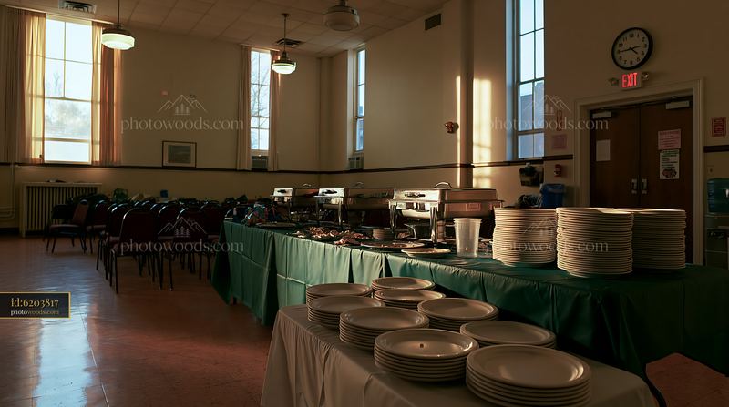 Church gathering buffet with tables set for a communal meal