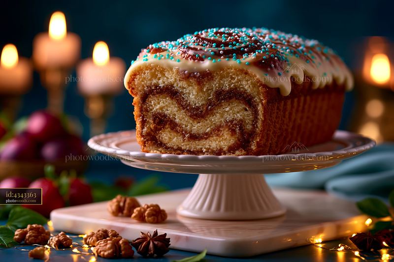 A Cinnamon Babka Loaf Sits on a Cake Stand With Swirled Layers