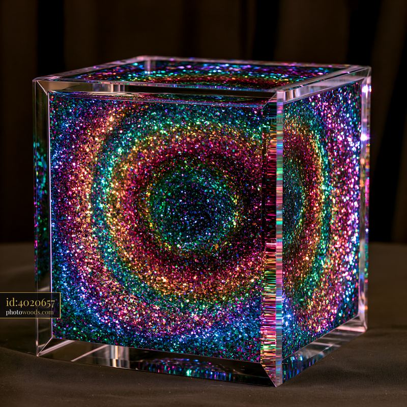 Multicolor glitter swirl in a clear cube under warm light