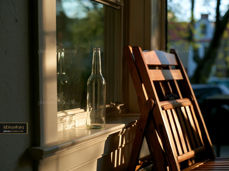 Empty bottle after party on windowsill by wooden chairs
