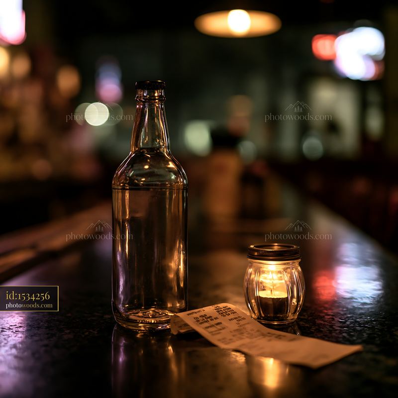 Empty bottle beside receipt on bar counter in low light