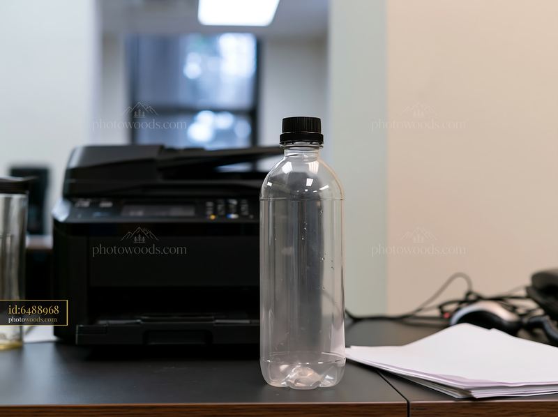 Empty bottle in office setting next to printer and papers