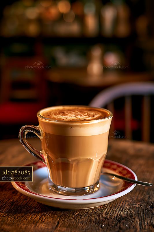 Coffee served in a clear glass cup on a wooden table