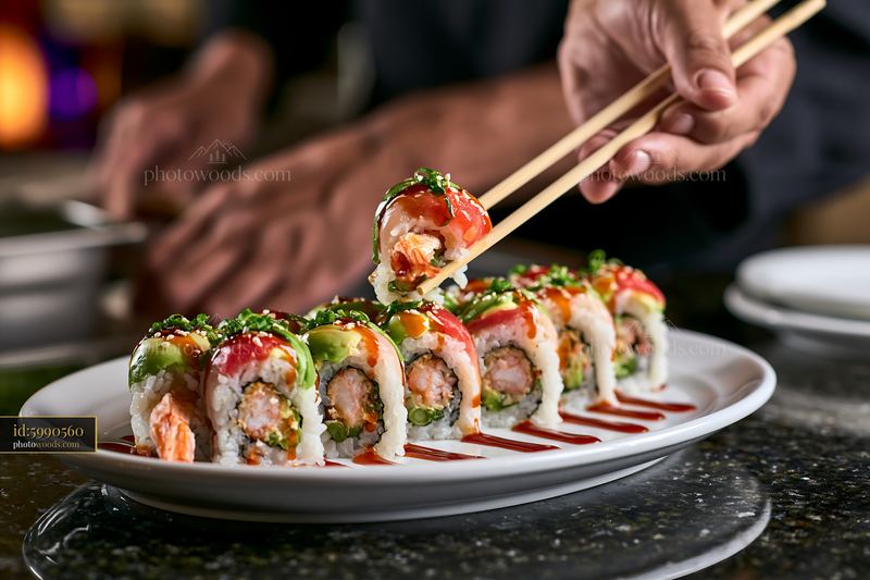 Dragon roll close-up with chopsticks on a dark restaurant table