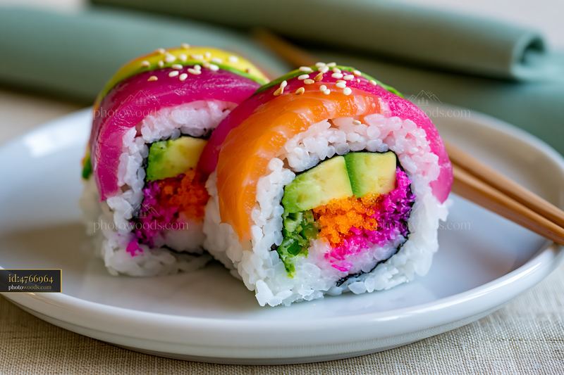Colorful rainbow sushi roll close-up with a plate and chopsticks