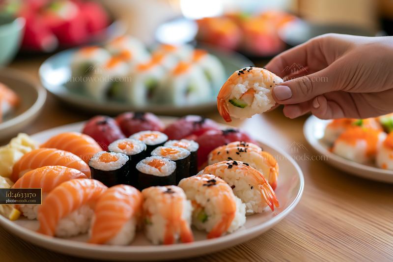Sushi with lemon garnish close-up on a plate