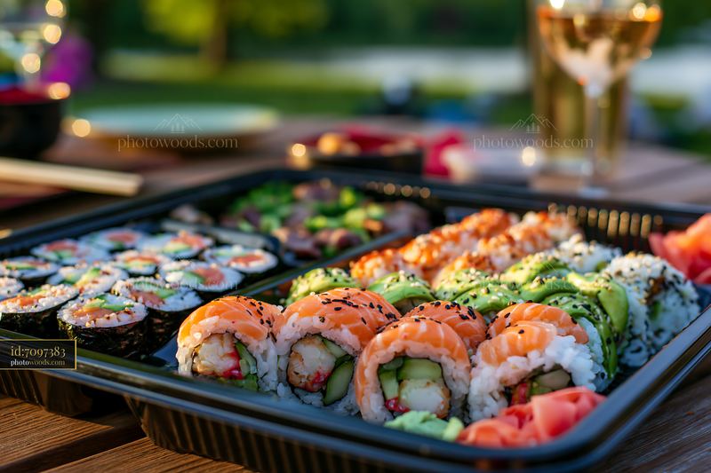 Sushi delivery box close-up with various rolls on a wooden table