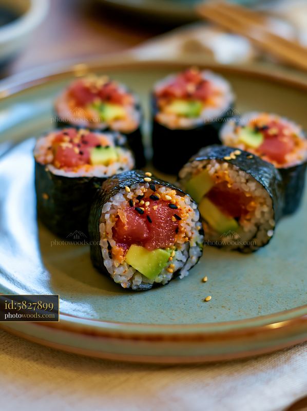 Close-up of spicy tuna roll on a plate