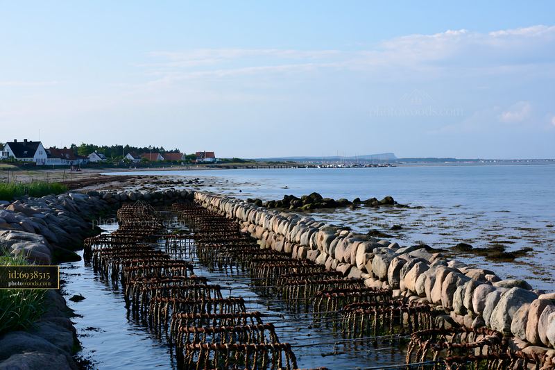 Coastline with mussel farms and rocky shore
