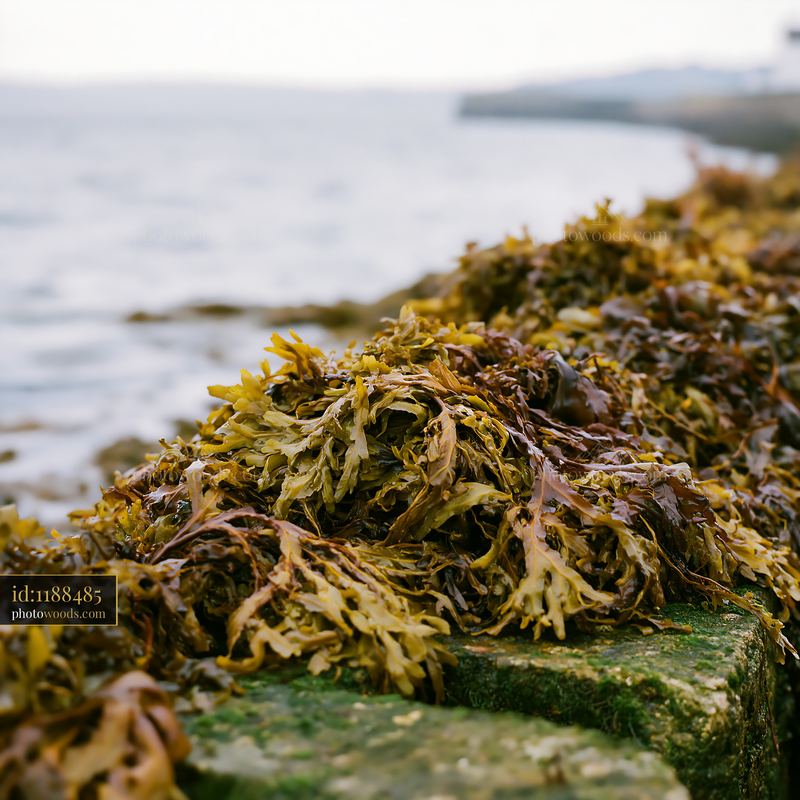 Coastline with protective sea wall and seaweed on stone walkway