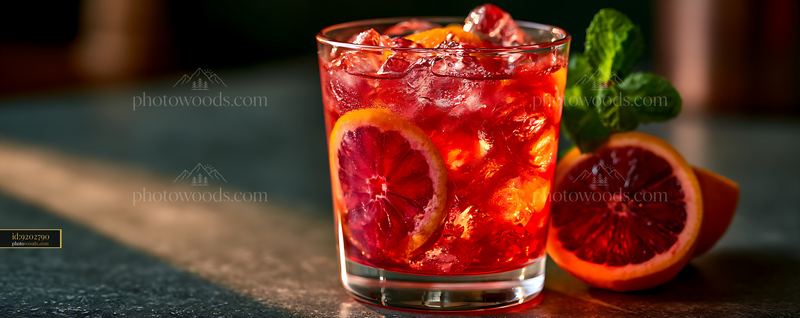 Cocktail with blood orange slices and mint on a table