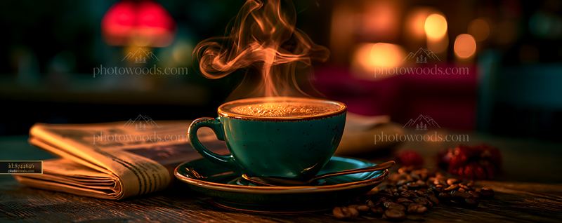 Steaming coffee cup on a table with newspaper and coffee beans