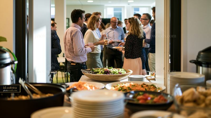 Corporate lunch buffet with people socializing in an office setting