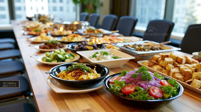 Corporate lunch buffet with a variety of dishes on a table