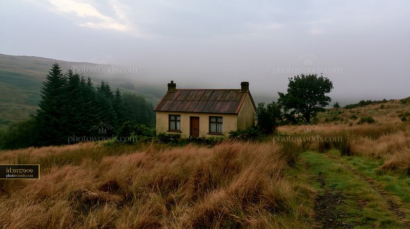 Misty countryside around cottage with grass and trees