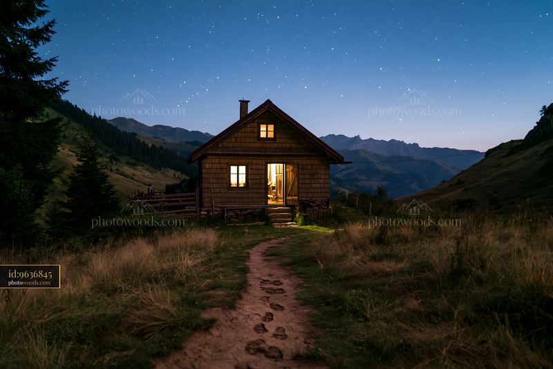 Cottage under stars with mountains and a path at night