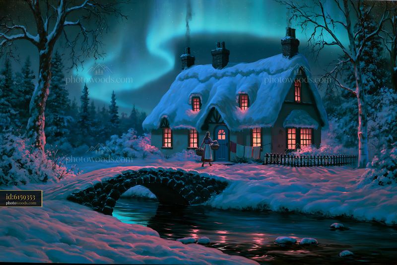 Cottage under northern lights with a bridge and snowy landscape
