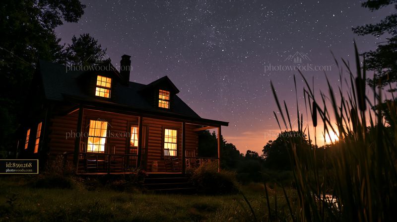 Cottage under stars with an open porch in a rural setting