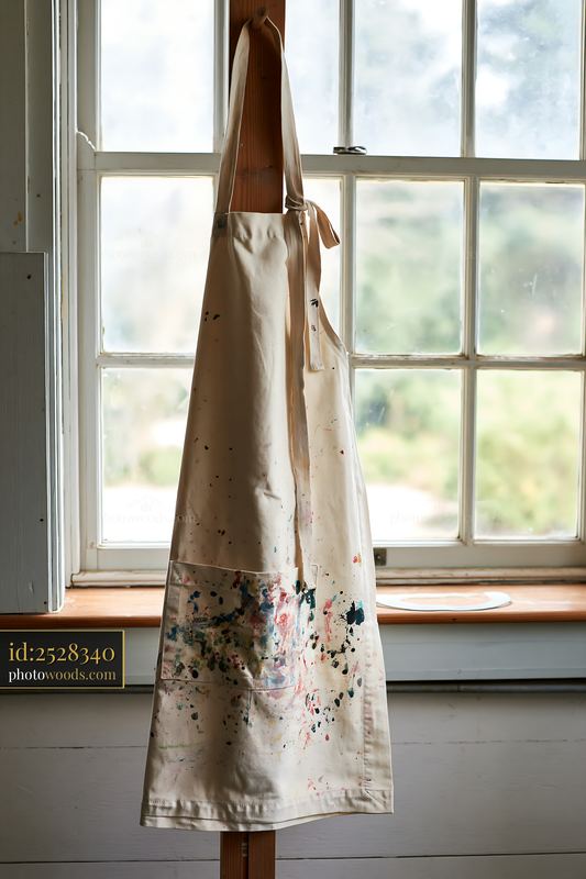 Cotton apron with paint splatter hanging near a window