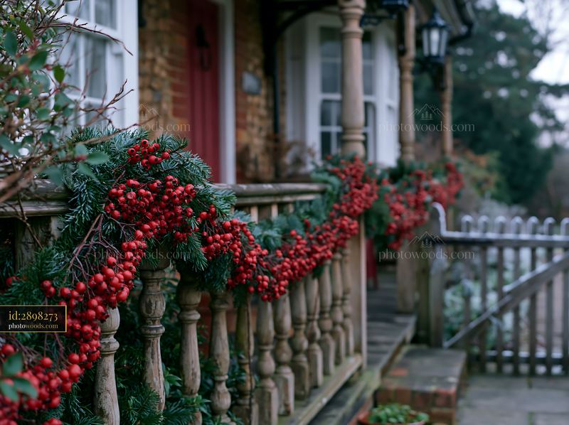 Country cottage adorned with Christmas decorations and garlands