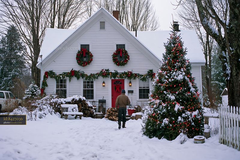 Snowy country house decorated for Christmas with a person outside