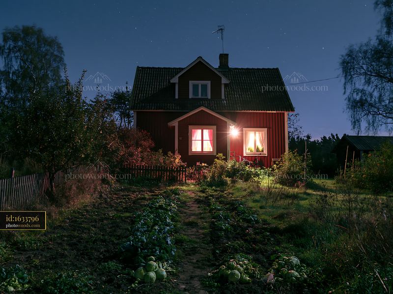 Country house under starry sky with lighted windows
