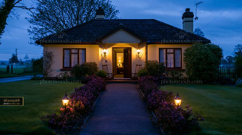 Country house with open front door at dusk