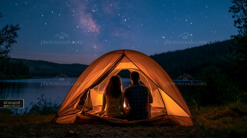 Couple camping under a star-filled sky near a calm lake