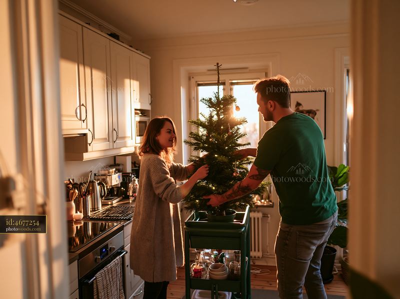 Couple decorating a small apartment for the holidays