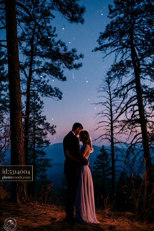 Couple embraces under a starry sky in a forest setting