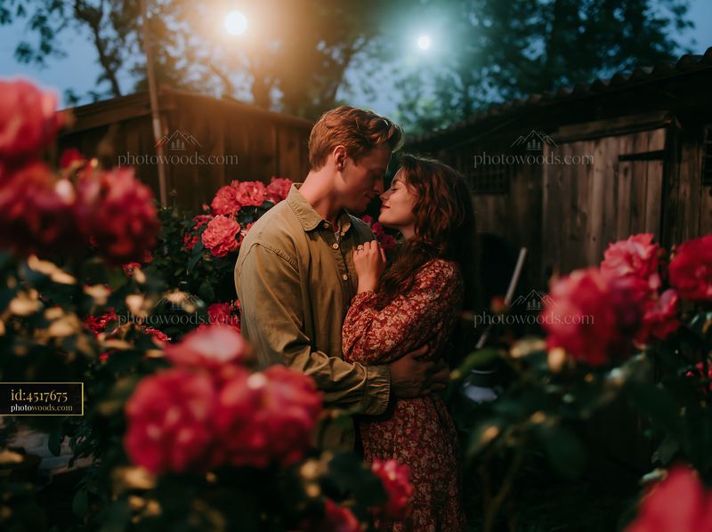 Couple gazing at each other among moonlit roses in a garden