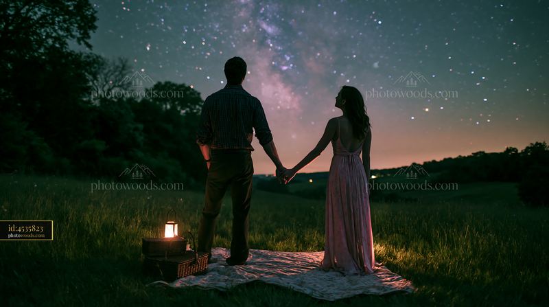 Couple holding hands beneath the night sky in a grassy field
