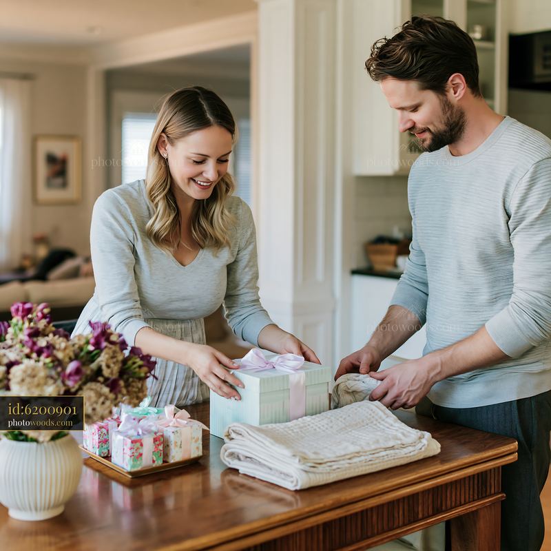 Parents arranging gifts on dining table for special occasion