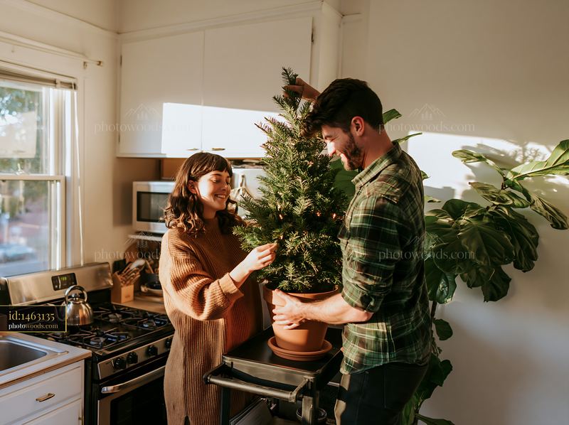 Couple decorating small apartment for holidays with Christmas tree