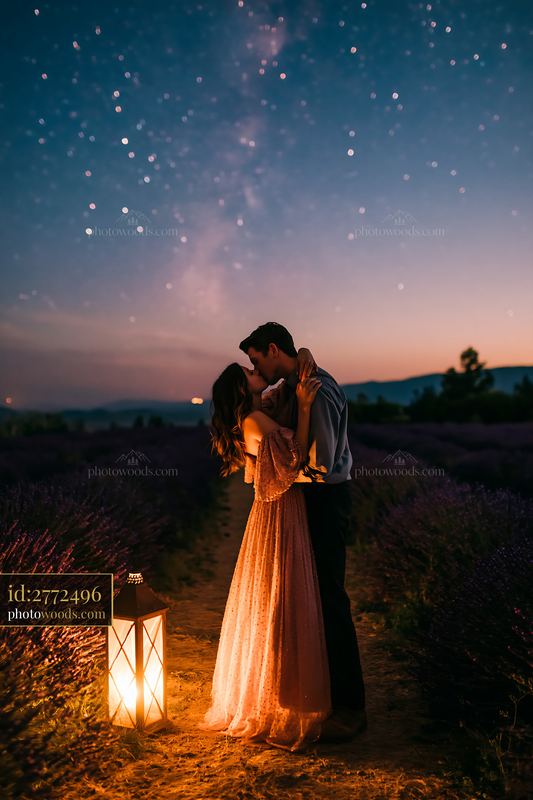 Couple kissing beneath stars beside a glowing lantern