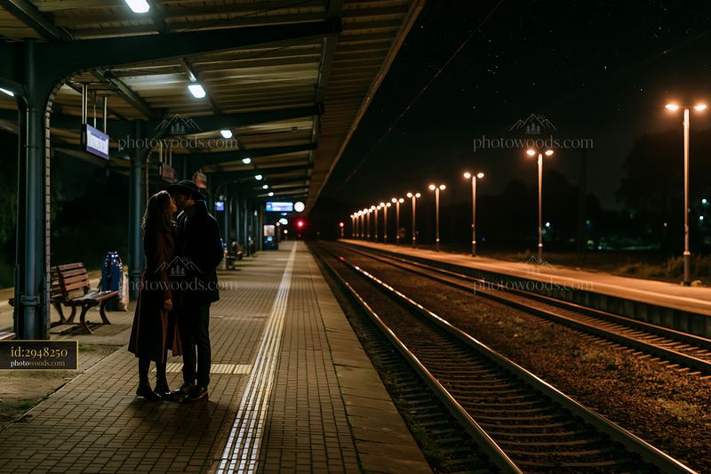 Couple kissing under a starry sky at a train station