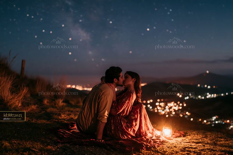 Couple kissing beneath stars during honeymoon on a hillside