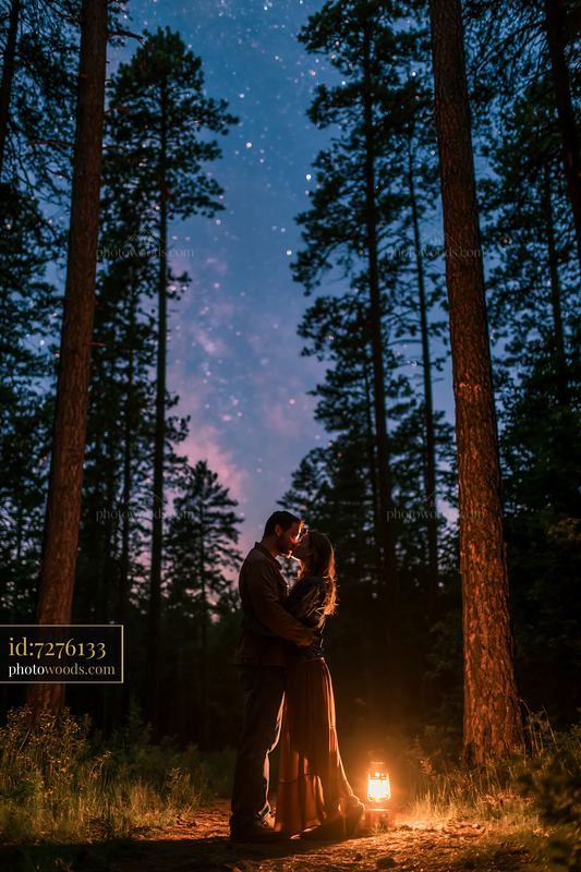 Couple kissing beneath stars in casual clothing in forest setting